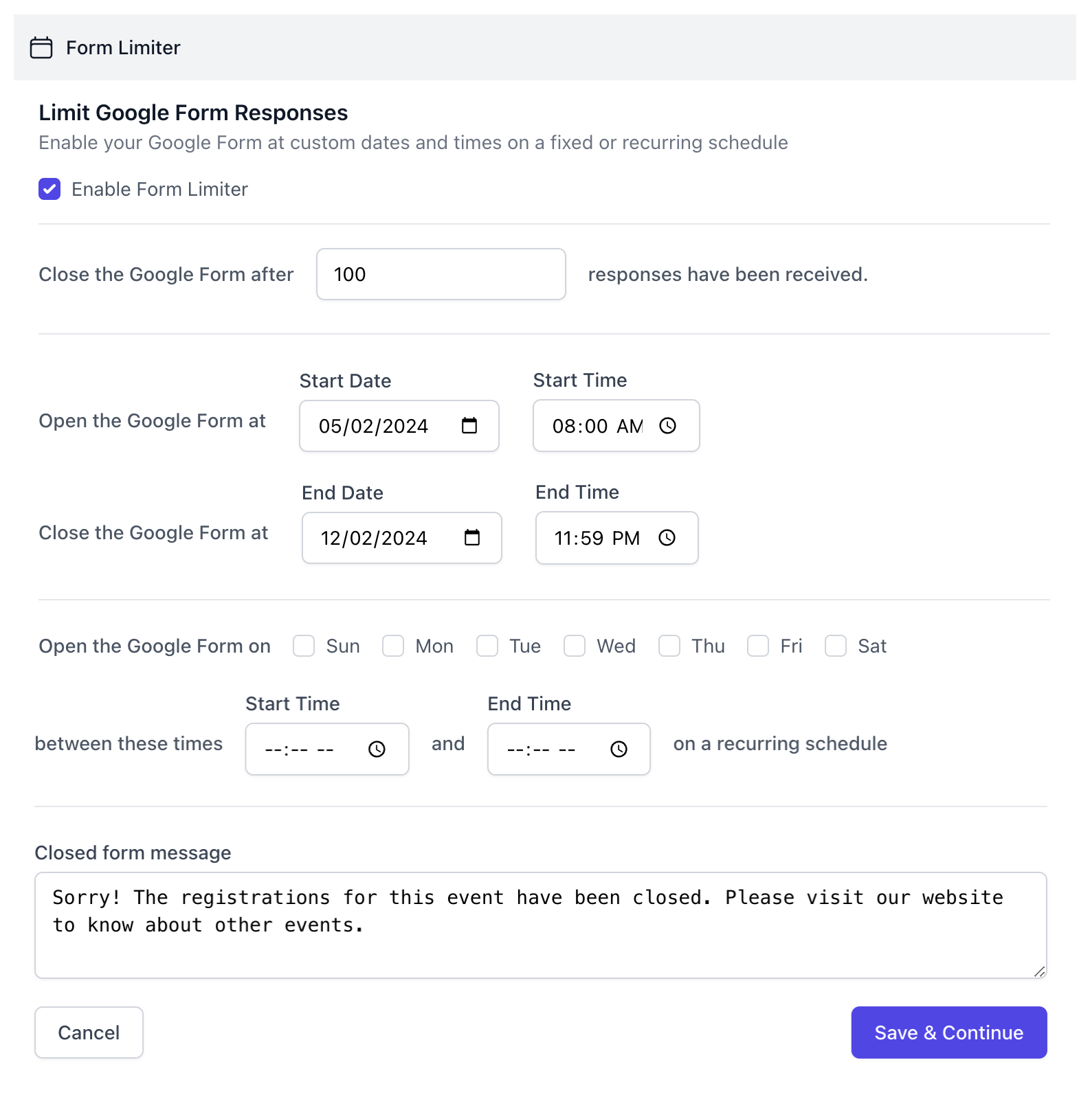 Form Limiter Settings