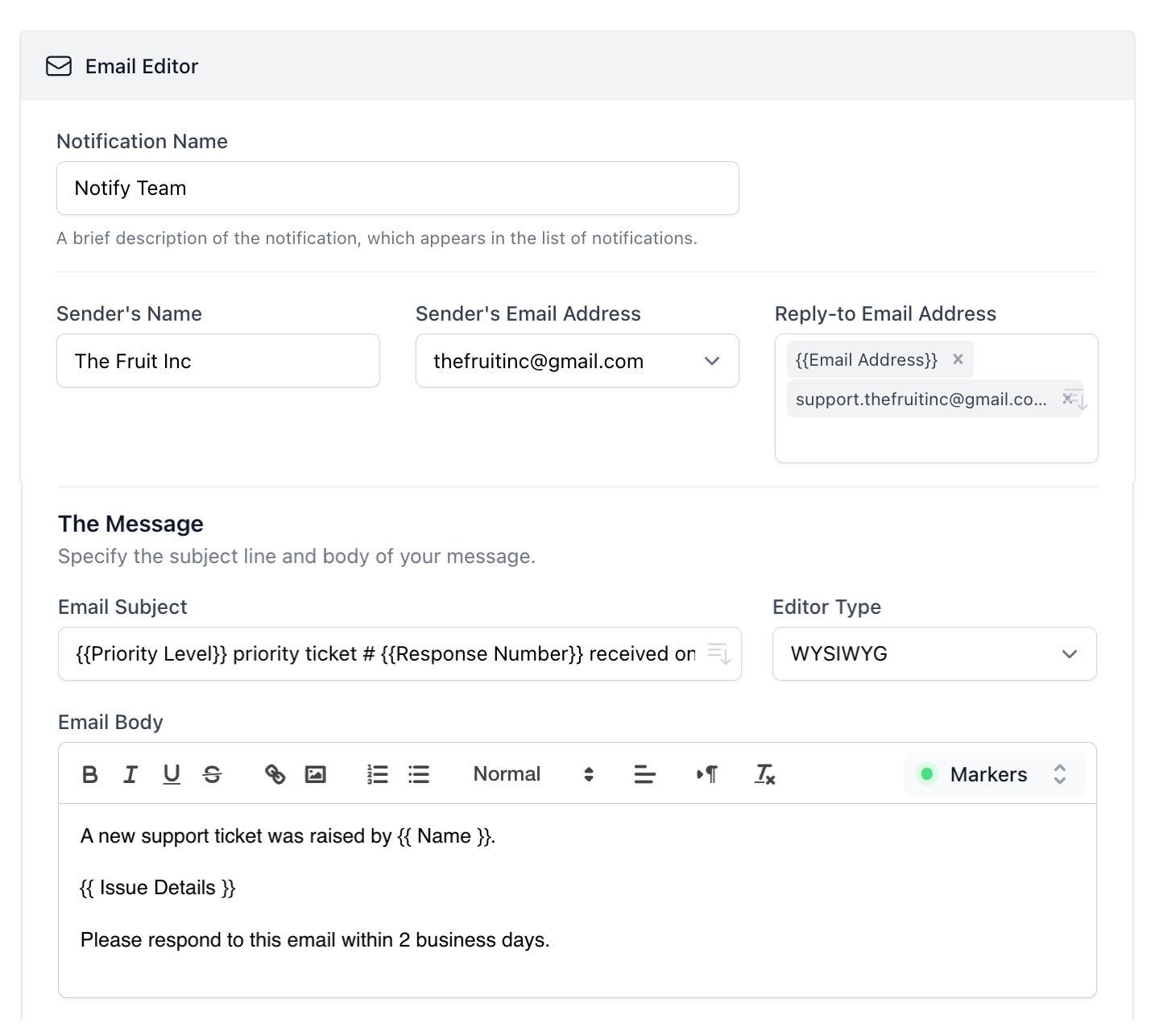 Email Editor - Configure notification with dynamic fields
