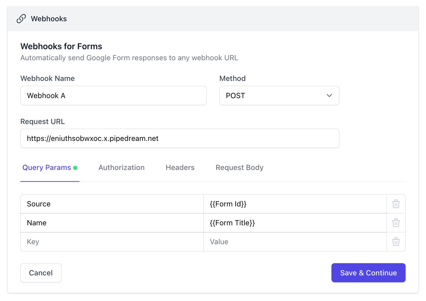 Webhooks for Forms - Configure webhook URL and query parameters