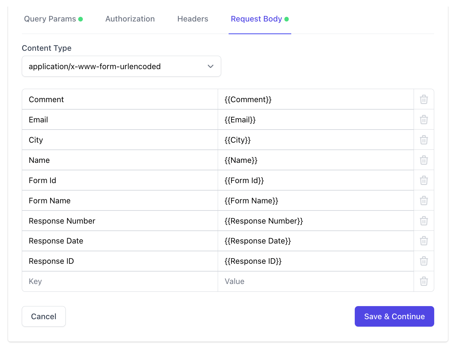 Webhook Request Body configuration with form fields